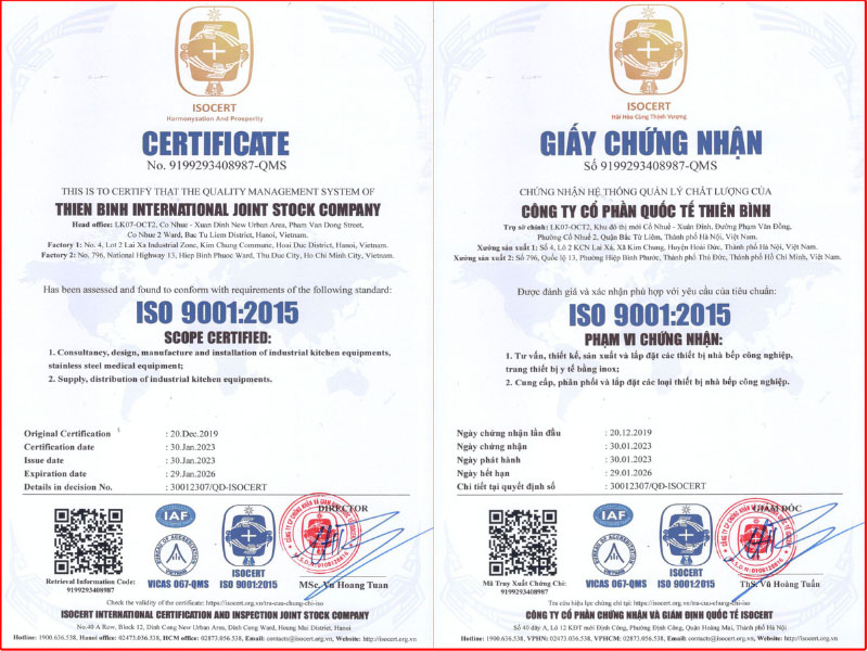 Hình ảnh giấy chứng nhận ISO 9001:2015 của Thiên Bình Group