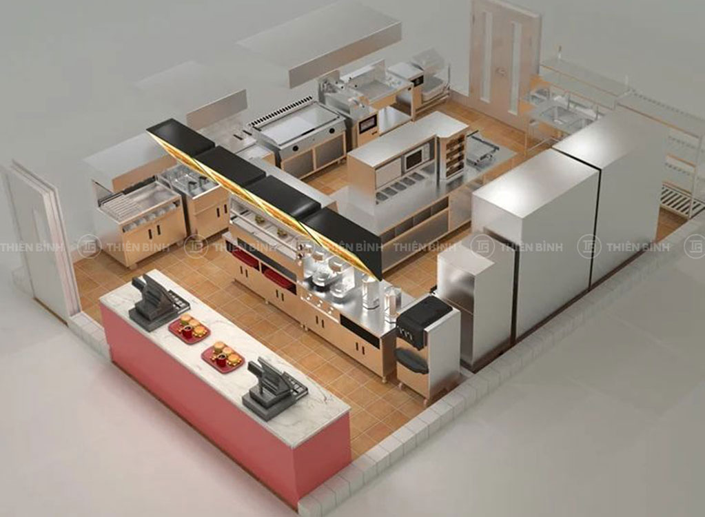 Bản vẽ 3D thiết kế bếp nhà hàng nhỏ