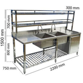 Kích thước chi tiết chậu rửa đôi 2 cánh có kệ trên và hộc tủ