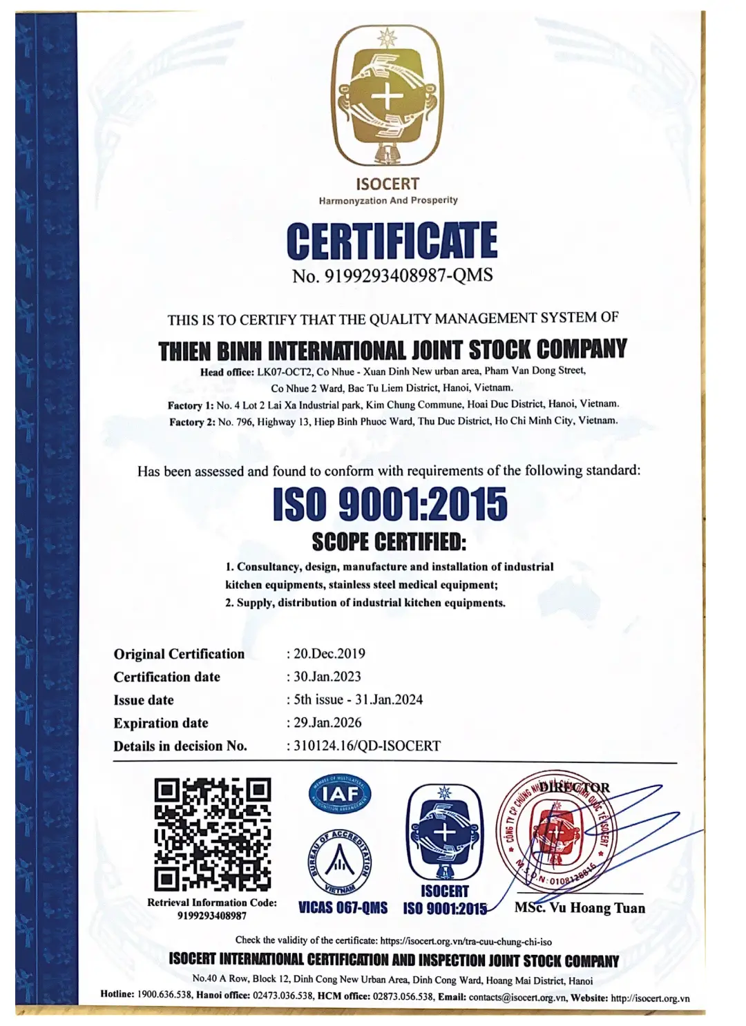 Chứng nhận ISO THIÊN BÌNH
