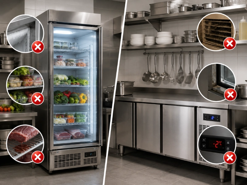 Hướng Dẫn Vệ Sinh, Bảo Dưỡng Tủ Đông & Bàn Mát Công Nghiệp (Chuẩn Chuyên Gia) - ảnh 4 5 sai lầm điển hình khiến tủ mát / bàn lạnh nhanh hư hỏng