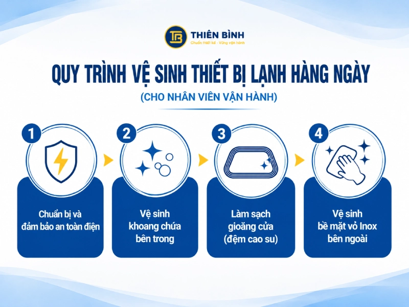 Hướng Dẫn Vệ Sinh, Bảo Dưỡng Tủ Đông & Bàn Mát Công Nghiệp (Chuẩn Chuyên Gia) - ảnh 3 Quy trình vệ sinh thiết bị lạnh hàng ngày (cho nhân viên vận hành)